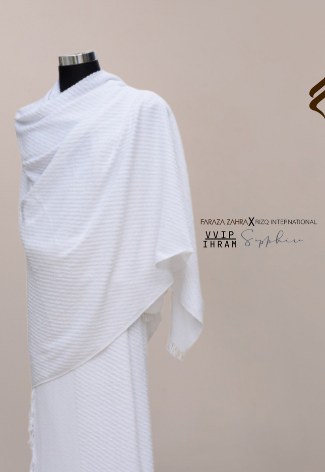 Faraza Zahra X Rizq Ihram | VIP SAPHIRE - Ihram Lembut & Selesa untuk Haji Umrah