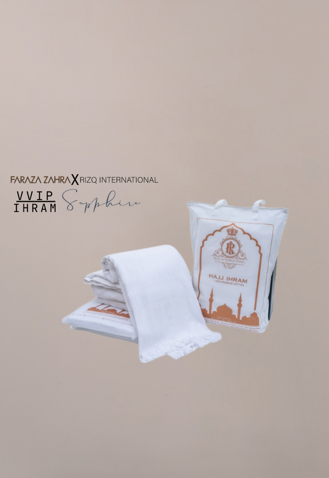 Faraza Zahra X Rizq Ihram | VIP SAPHIRE - Ihram Lembut & Selesa untuk Haji Umrah
