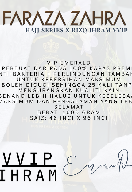Faraza Zahra X Rizq Ihram | VIP EMERALD - Ihram Premium Anti-Bakteria untuk Haji & Umrah