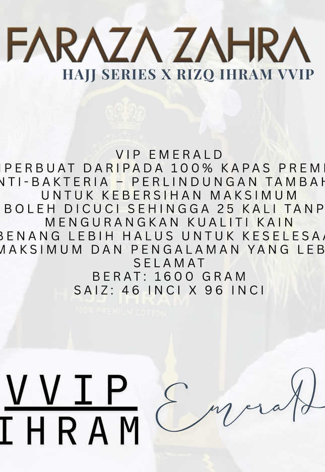 Faraza Zahra X Rizq Ihram | VIP EMERALD - Ihram Premium Anti-Bakteria untuk Haji & Umrah