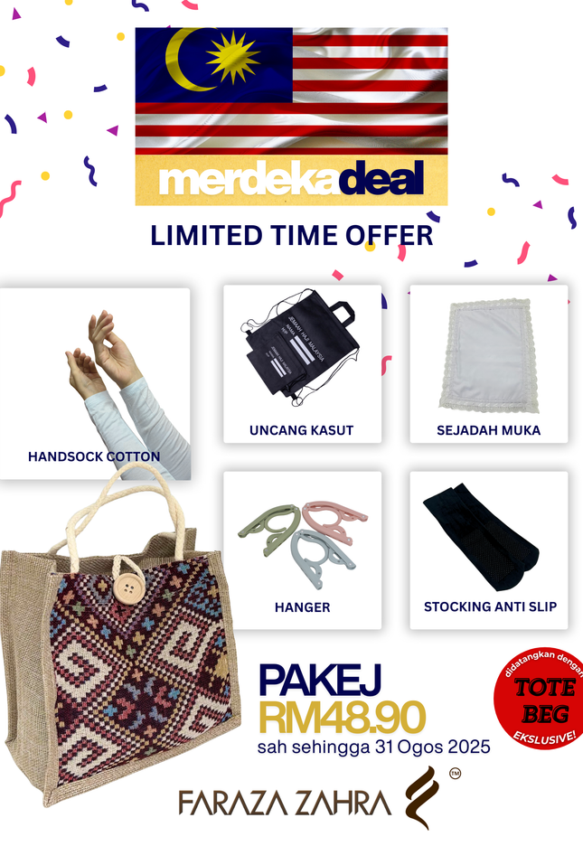Faraza Zahra Merdeka Deal 2025 - Combo Set Umrah & Ibadah | Tote Beg Eksklusif | Handsock Cotton | Uncang Kasut | Sejadah Muka | Hanger | Stocking Anti Slip | Sah sehingga 31 Ogos 2025