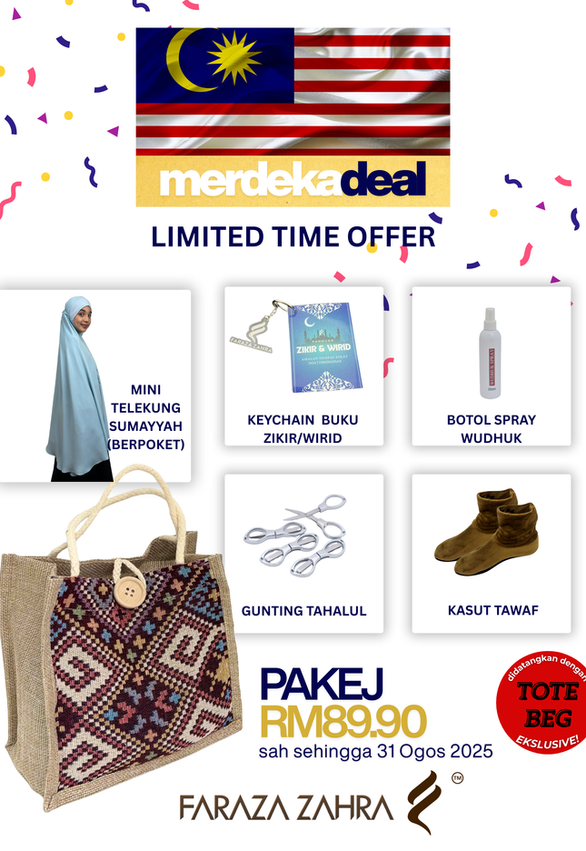 Faraza Zahra Merdeka Deal 2025 - Combo Set Umrah & Ibadah | Tote Beg Eksklusif | Handsock Cotton | Uncang Kasut | Sejadah Muka | Hanger | Stocking Anti Slip | Sah sehingga 31 Ogos 2025