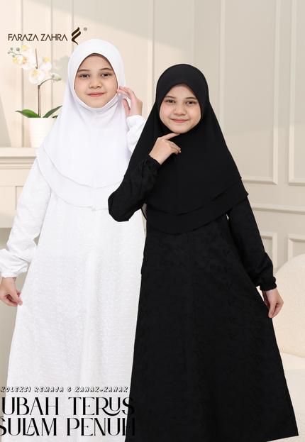 Faraza Zahra Jubah Terus Sulam Penuh| Koleksi Remaja & Kanak-kanak Umrah Haji | Material Japanese Cotton yang lembut dan selesa