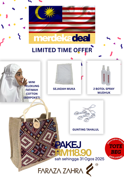 Faraza Zahra Merdeka Deal 2025 - Combo Set Umrah & Ibadah | Tote Beg Eksklusif | Handsock Cotton | Uncang Kasut | Sejadah Muka | Hanger | Stocking Anti Slip | Sah sehingga 31 Ogos 2025