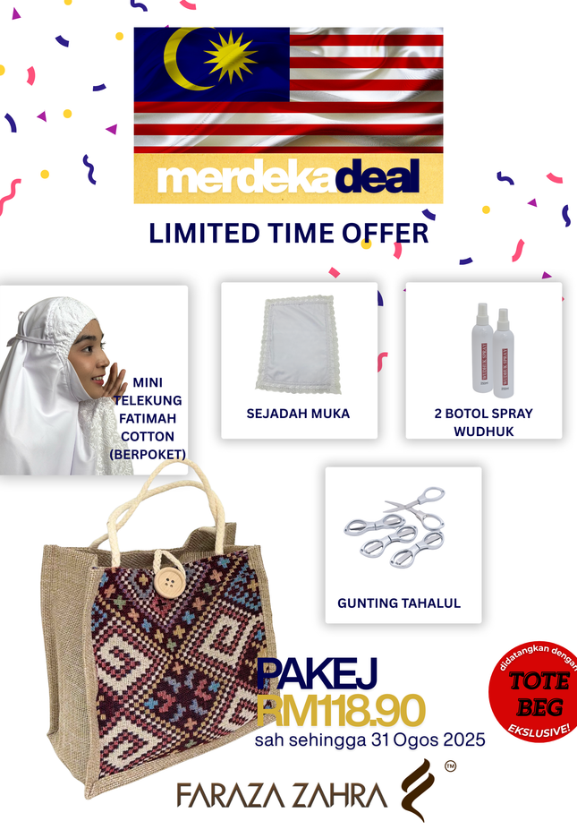 Faraza Zahra Merdeka Deal 2025 - Combo Set Umrah & Ibadah | Tote Beg Eksklusif | Handsock Cotton | Uncang Kasut | Sejadah Muka | Hanger | Stocking Anti Slip | Sah sehingga 31 Ogos 2025